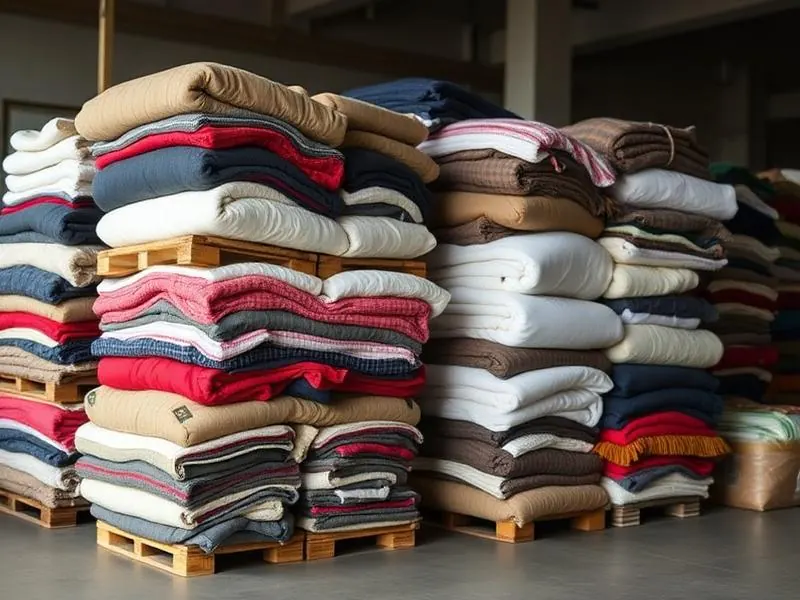 Stacked blankets and warm clothing kits prepared for distribution