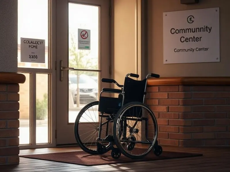 A wheelchair beside the sunlit entrance of a community centre
