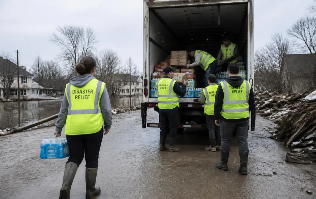 Relief volunteers unloading supplies from a truck in a flood-affected street